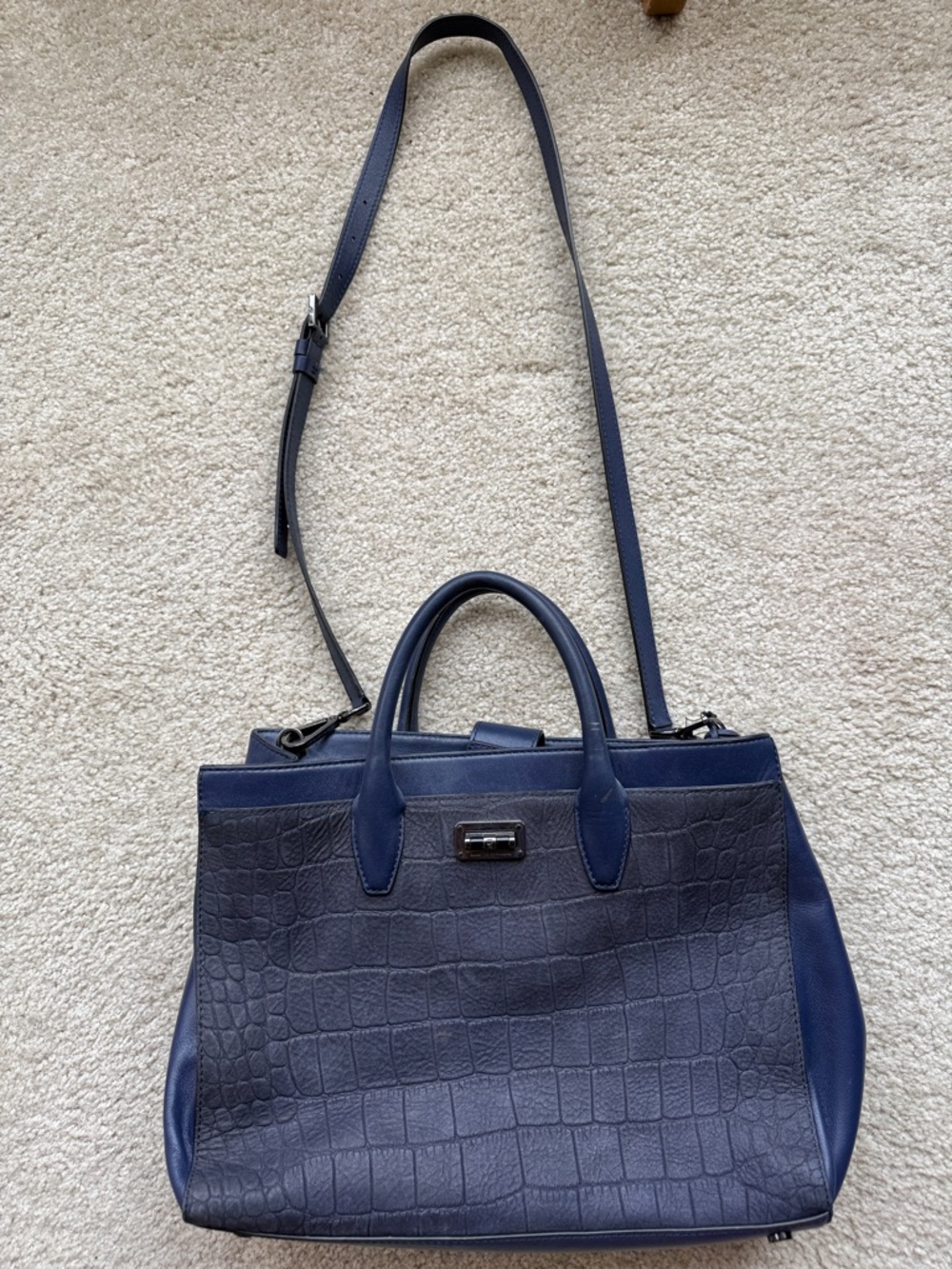 Diane Von Furstenberg Navy Croc-Embossed Satchel with Adjustable Strap